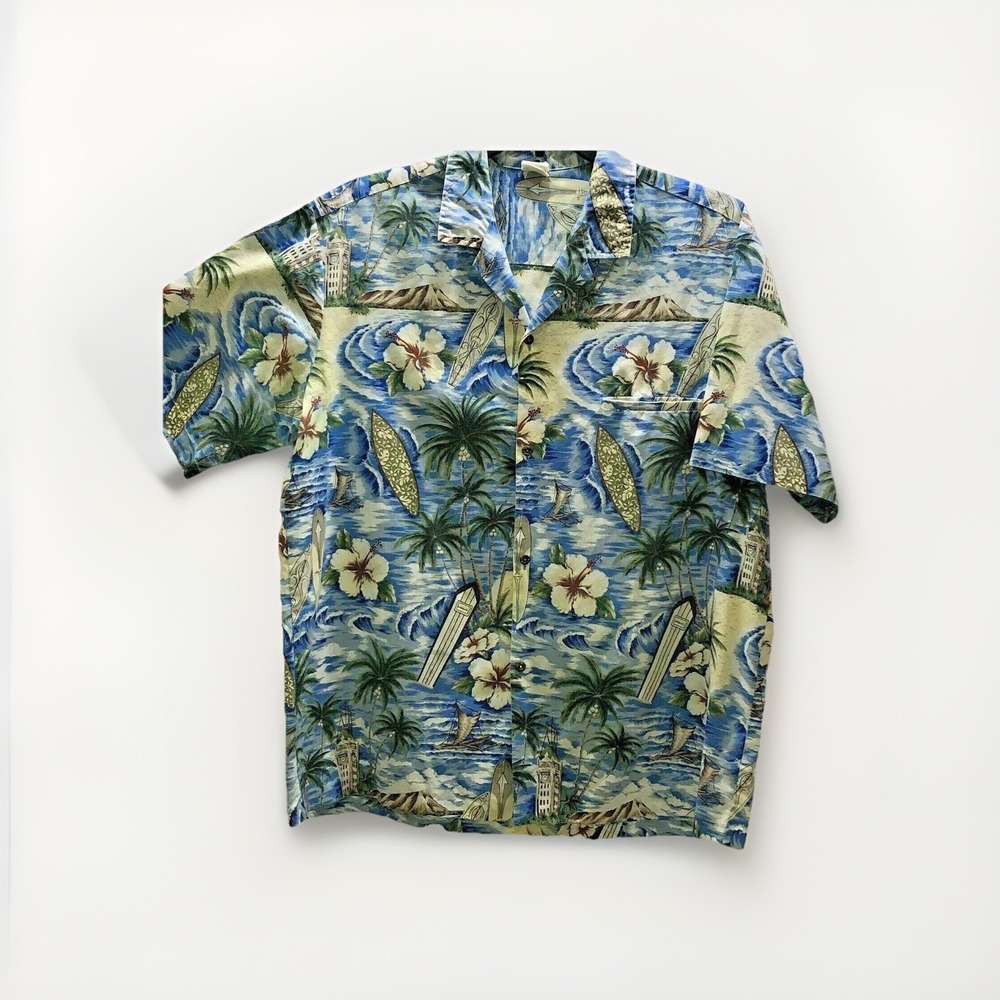 Vintage Hawaiian Shirt Mens Blue Surfboard Hibiscus Palm Tree Tropical Waikiki L